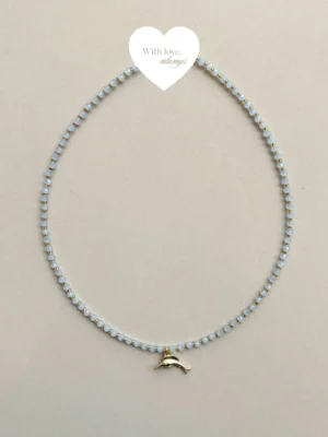 Handcrafted necklace features soft blue crystal beads