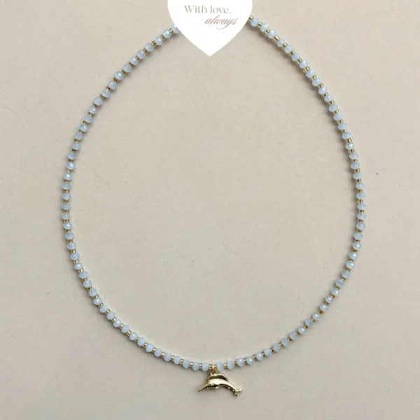 Handcrafted necklace features soft blue crystal beads
